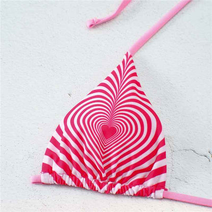 Love Wave Print Neck Buckle Halter Sexy High Waist Split Bikini Swimsuit Striped Halter Backless Bikini Beach Swimwear