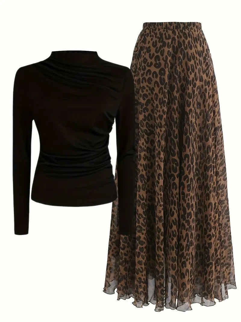 Leopard Print Skirt & Black Top Set