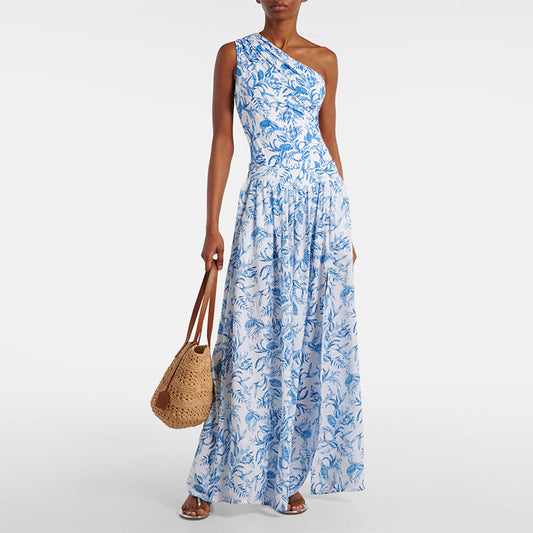 Swimsuit small fresh shoulder blue floral one-piece swimsuit suit women