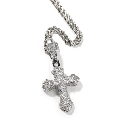 Hip-hop copper-inlaid purple zircon cross necklace