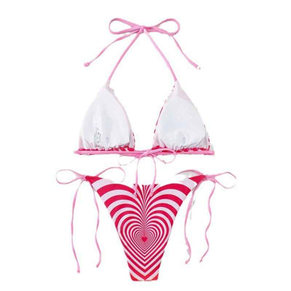 Love Wave Print Neck Buckle Halter Sexy High Waist Split Bikini Swimsuit Striped Halter Backless Bikini Beach Swimwear