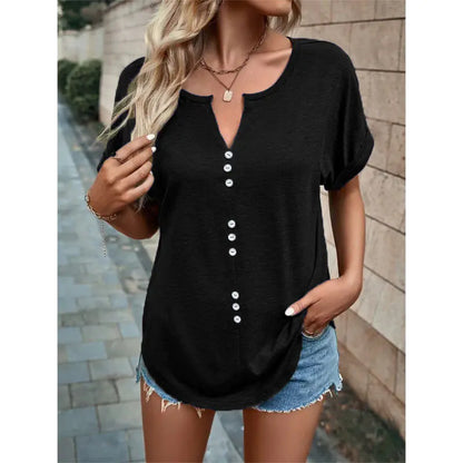 Summer V-neck Short Sleeve Button Design Blouse