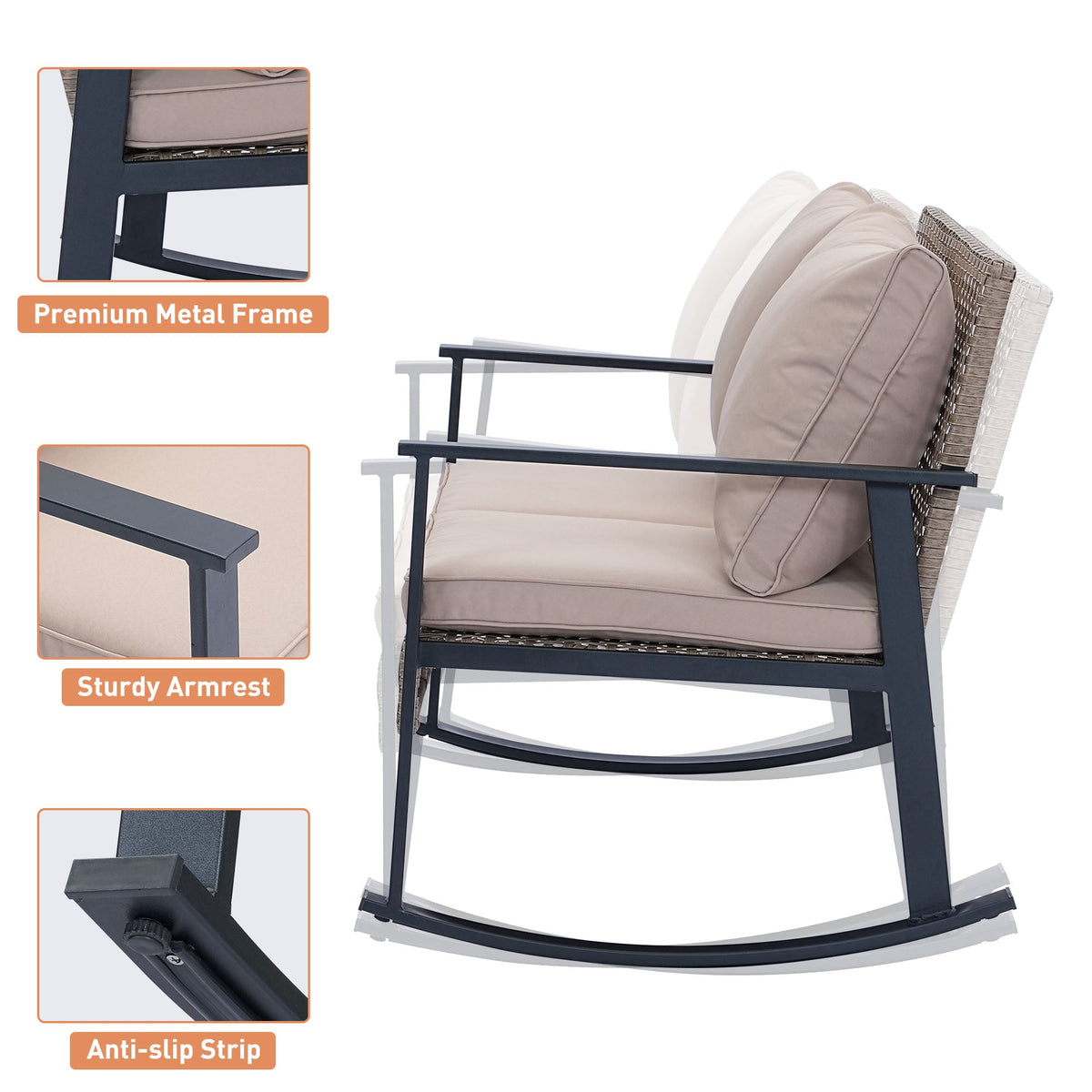 Ainfox Outdoor Patio Furniture Rocking Loveseat, Wicker Rattan Sofa