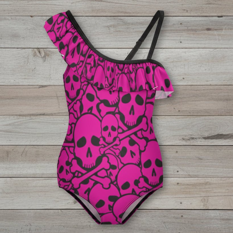 Girls Pink Pirate Skull Pattern One Piece Ruffled Swimsuit
