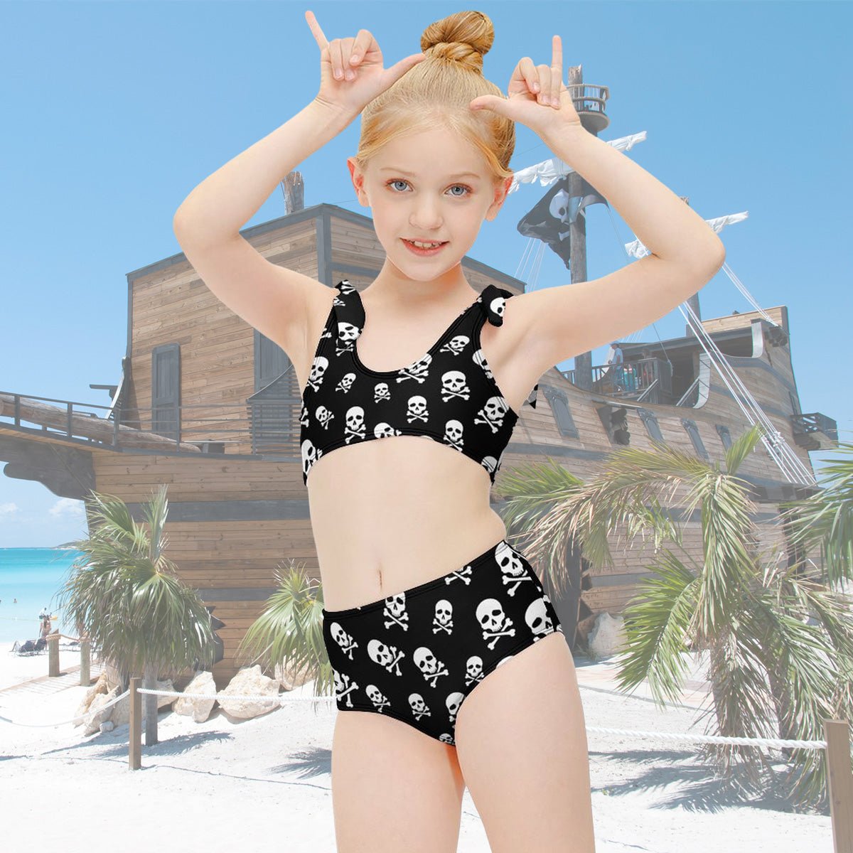 Girls 2 Piece Jolly Roger | Skull Pattern Pirate Swimsuit