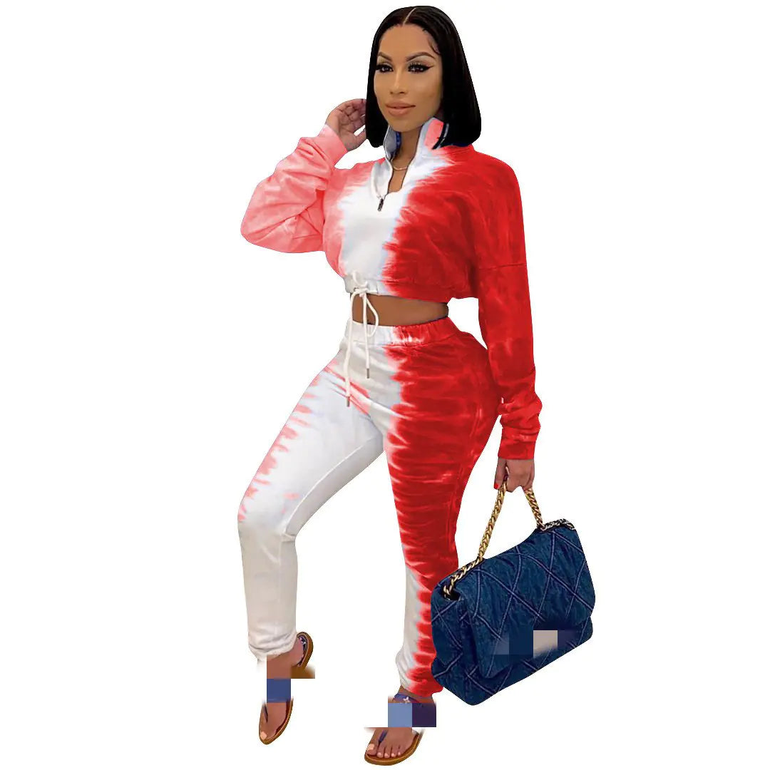 Casual Printed Stretch Sweatshirt and Waist Sports Set