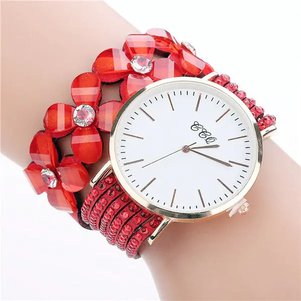 CCQ Women's Circle Bracelet Watch with Floral Crystals