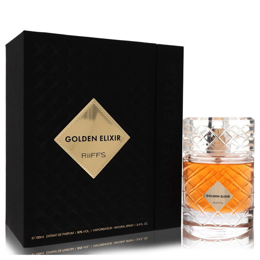 Riiffs Golden Elixir Extrait De Parfum bottle displayed upright alongside its matching luxury packaging box.