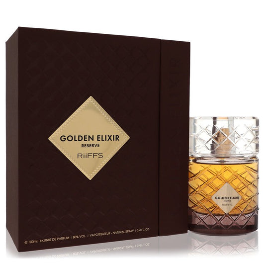 Riiffs Golden Elixir Reserve Extrait De Parfum Spray bottle next to its matching brown presentation box with a gold diamond label.