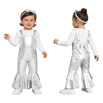 Baby Girls Clothes Birthday Party Metallic Bell Bottoms Romper Djustable Straps Bow Overalls with Headwear Photo Shoot Outfit