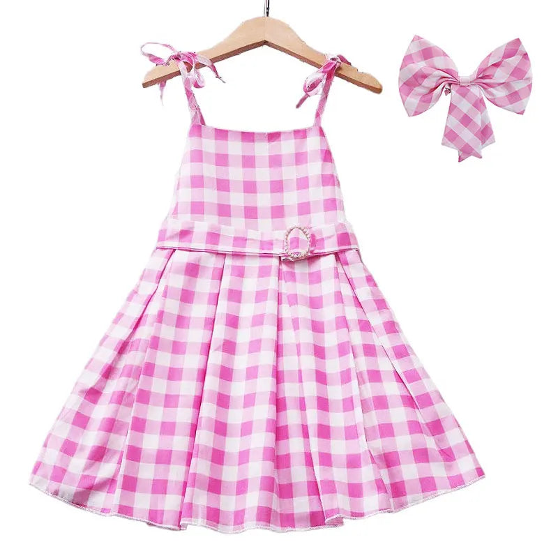 Girls' Summer Off Shoulder Dress with Belt Suitable For Female Pink Plaid Frock Kid Christmas And Halloween Role-Playing Costume