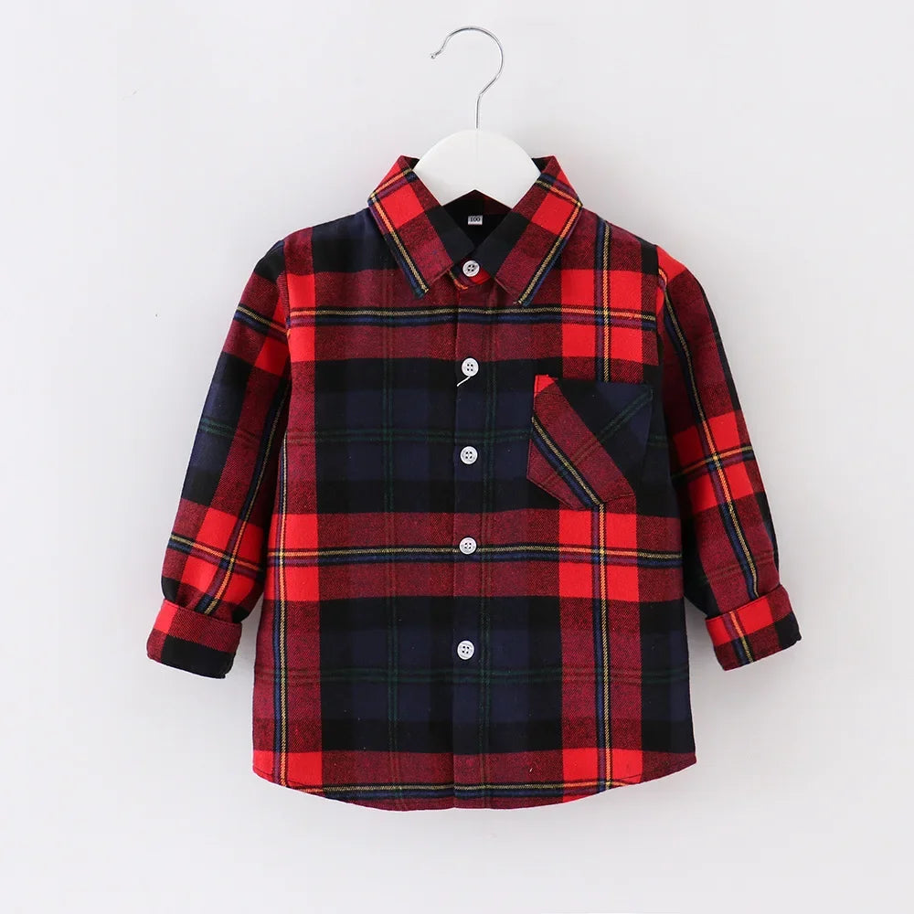 Shirts for Boys Spring Autumn Fashion Casual Plaid Blouse School Boys Clothes Long Sleeve Brushed Shirt Teen Children Clothes