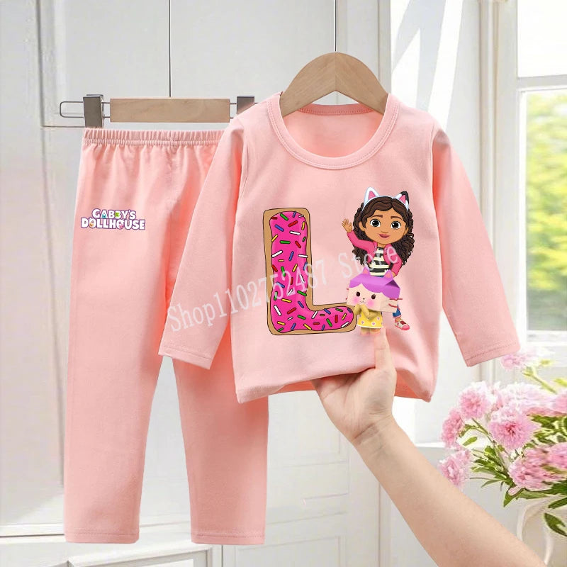 Gabby Dollhouses Pajamas Pants Set Girls Cute Letter A-Z Nightwear Trousers Kids Winter Home Clothes Children Long Sleeves Gift