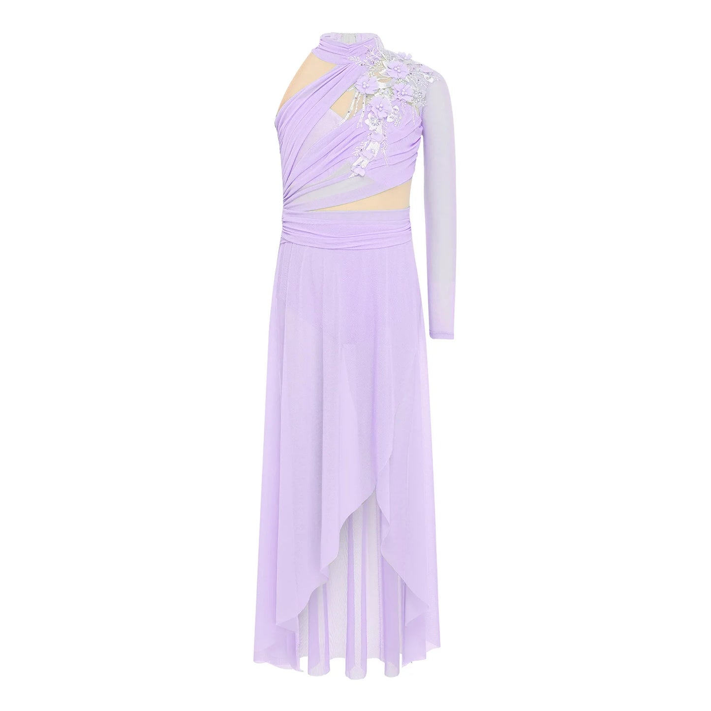 Girls Delicate 3D Flower Lyrical Dance Dress Asymmetrical Ruched Long Dress Gymnastics Modern Dance Clothes Performance Dress