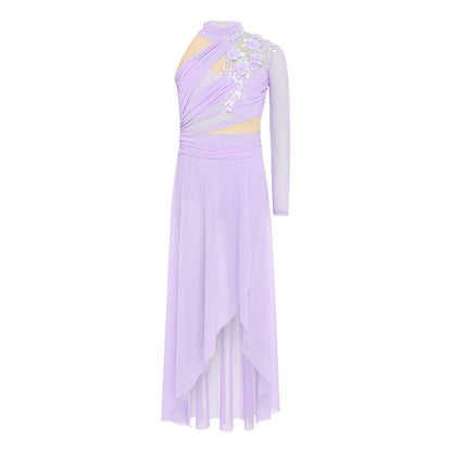 Girls Delicate 3D Flower Lyrical Dance Dress Asymmetrical Ruched Long Dress Gymnastics Modern Dance Clothes Performance Dress