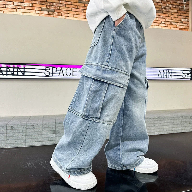 Teen Boys Straight Leg Cargo Jeans New Spring/Autumn Kids Wide Leg Denim Long Pants for Children Loose Pockets Trousers 5 14 Yrs