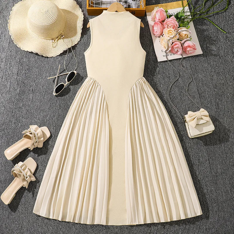 Summer New Teen Girls Dress Solid Color Patchwork Sleeveless A-Line Dress For 8-12 Years Girls Daily Casual Elegant Dance Dress