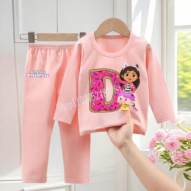 Gabby Dollhouses Pajamas Pants Set Girls Cute Letter A-Z Nightwear Trousers Kids Winter Home Clothes Children Long Sleeves Gift