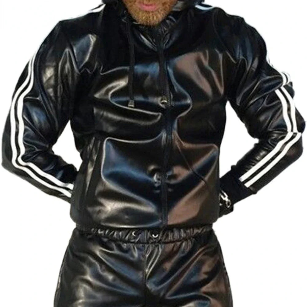 Men's PU Leather Hoodie Suit Casual Sportswear Hooded Jogging Suit Sportswear Men Outfit Set Juicy Tracksuit