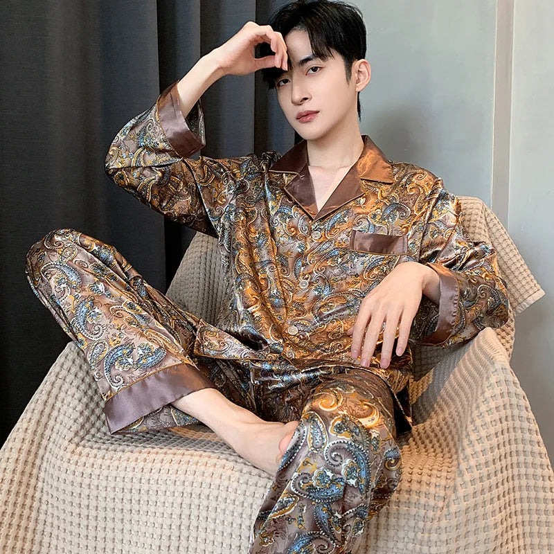 Pajamas Men Spring Summer Thin Ice Silk Luxurious Loose Fitting Home Wear Suit Male Satin Pyjamas Set Night Pajamas Set Men
