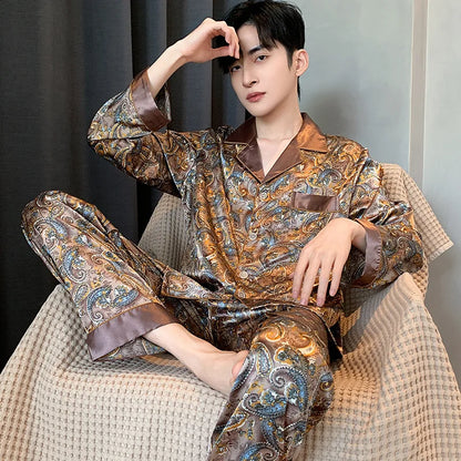 Pajamas Men Spring Summer Thin Ice Silk Luxurious Loose Fitting Home Wear Suit Male Satin Pyjamas Set Night Pajamas Set Men