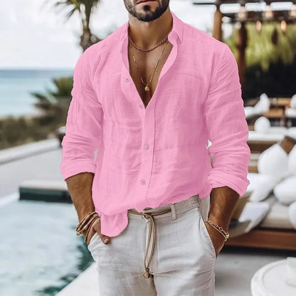 Cotton Linen Shirt for Men Summer Beach Style Solid Color Single Breasted Breathable Shirts Lightweight Stylish Button Tops