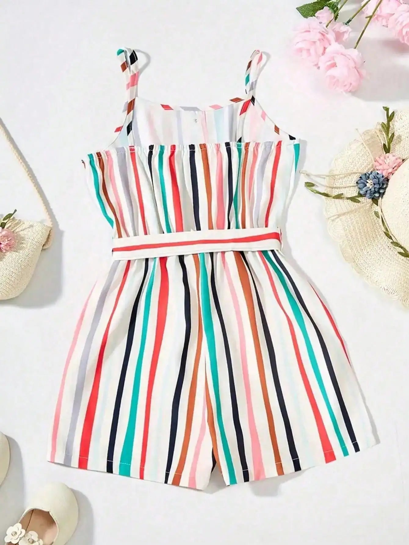 Girls Summer Casual Sleeveless Jumpsuit with Stripes And Buttons Cute Colorful Suspender Shorts for Kids