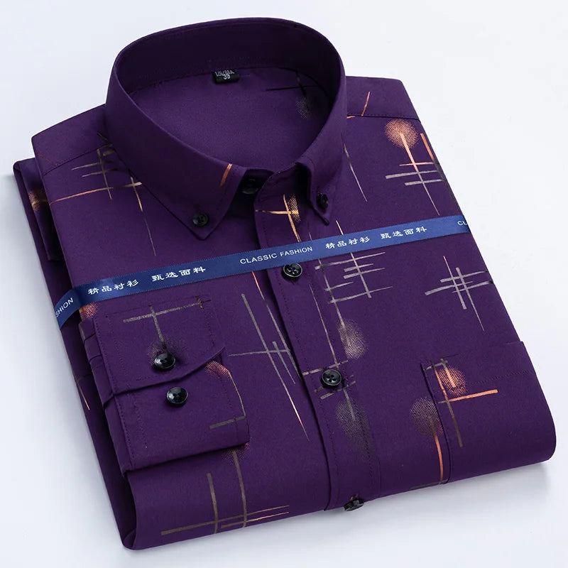 Men's Dress Shirts Spring Autumn Latest Hot Sale Non-iron Anti-wrinkle Business Casual Print Thin Plaid Slim Fit chemise homme