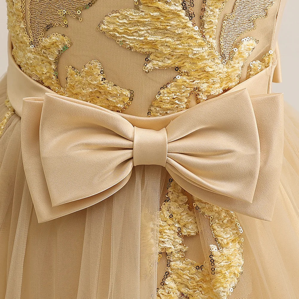 Formal Party Dress For Teenage Girls Tulle Sequins Embroidery Princess Dress For Kids Wedding Birthday Pageant Prom Maxi Gown