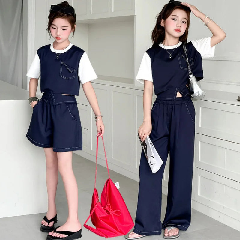 summer teen girls clothes set Rear buckle Splicing T-shirt+Flip over wide leg pants 2pcs junior kid suit child Pantsuits outfits