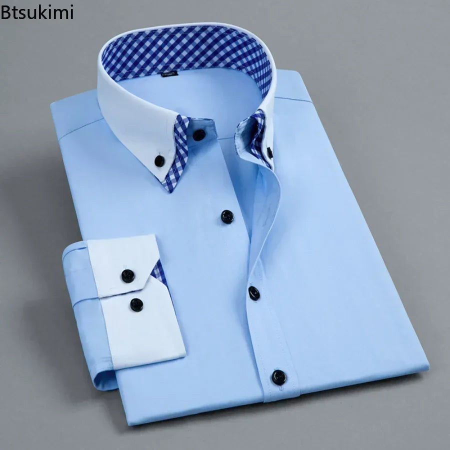2026 Men's Dress Shirt Non Iron Fashion Double layer Long Sleeve Business Formal Regular Fit Office Camisa Social Shirts Male