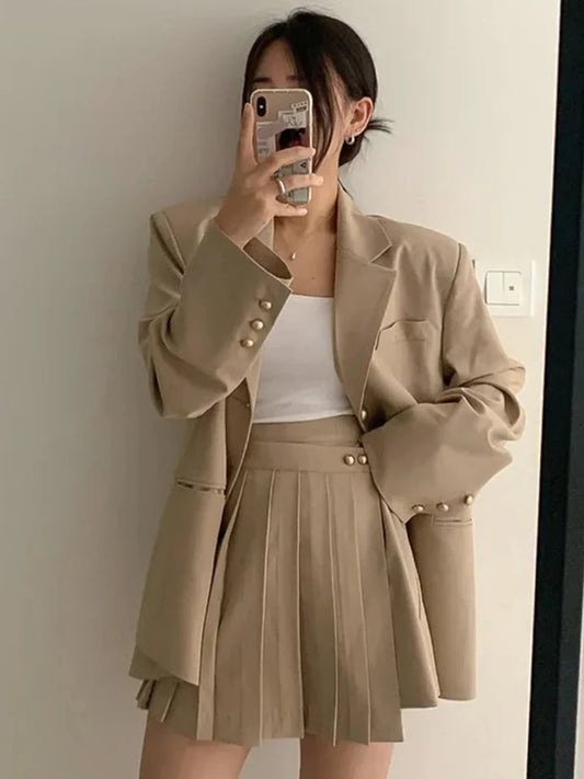 Women Clothes Outfit Suits Casual Single Breasted Loose Coat Blazer Suit And High Waist Pleated Mini Short Skirt 2 Piece Set New