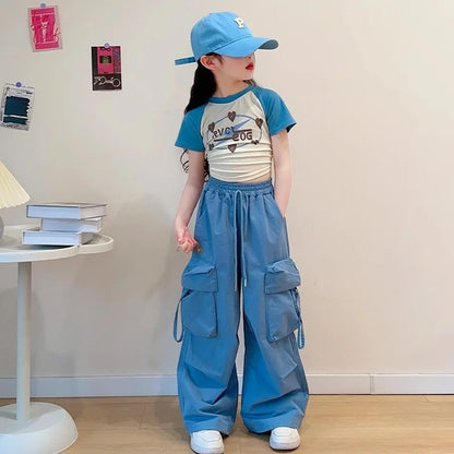Girls Cargo Pants Spring Children Straight Wide-leg Pockets Pants Summer Teenager Fashionable Loose Trousers 5-14 Years Old