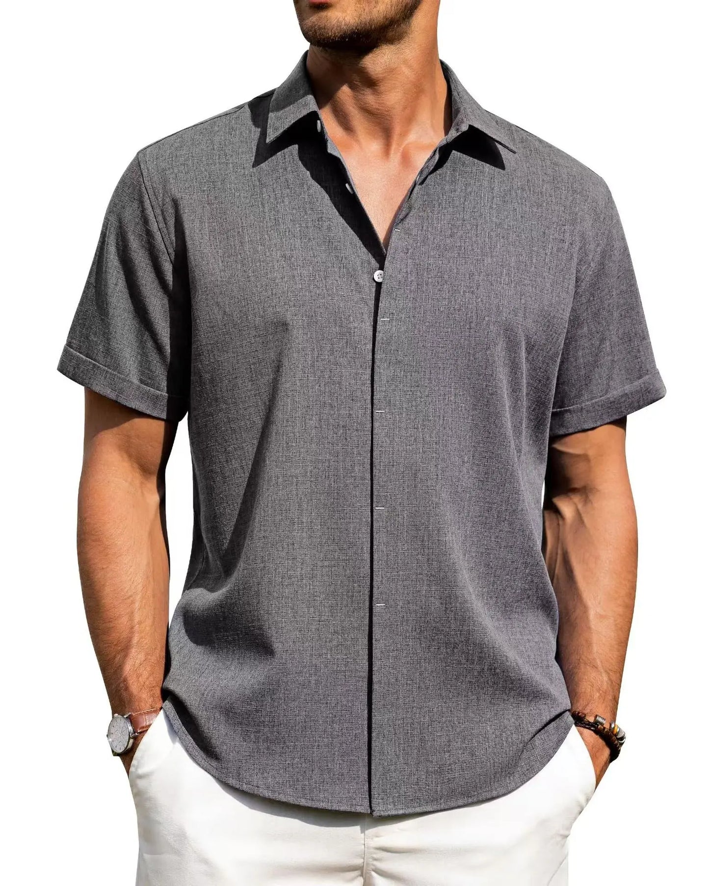 Mens Golf Shirts for Men Summer Beach Loose Shirt Button Down Short Sleeve Blouses Solid Print Casual Linen Shirts Streetwear