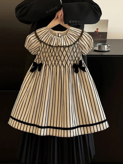 Girls' Dress 2025 Summer New Style Dress Striped Short Sleeve Daily Skirt Pure Cotton Fashion and Comfortable Kids Dress