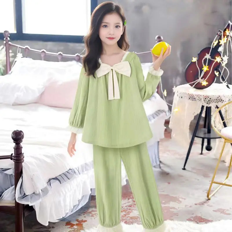 Girls Pajamas Spring Autumn Thin Cotton Yarn Two-piece Girl Princess Style Long-sleeved Suit Children Air-conditioning Clothing