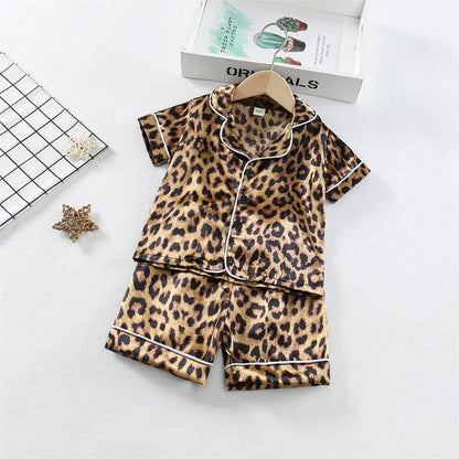 Boys Girls Kids Pajama Sets Cartoon Leopard print Short Sleeve T-Shirt Tops Pants Toddler Baby Sleeping Cloth Pijamas Sleepwear