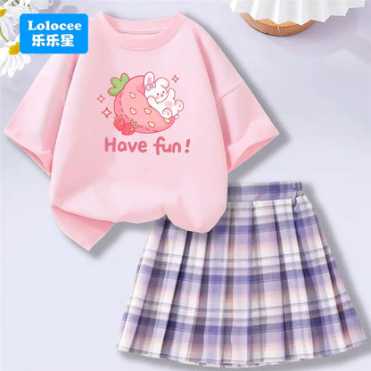 Girls' Trendy School Outfit - Cartoon Music Guitar Rabbit Print Tee + Plaid Skirt Two-Piece Set Teenage Girls Clothes Set