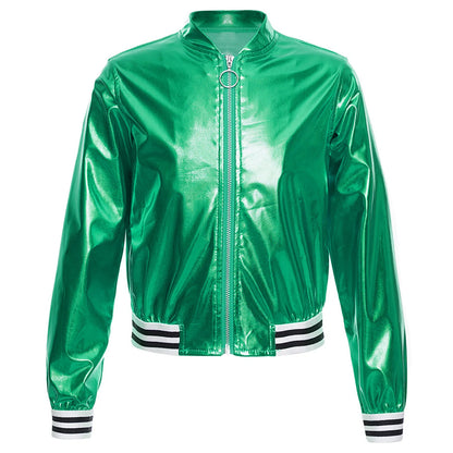 Kids Girls Long Sleeve Casual Sports Bomber Jackets Jazz Hip-hop Street Dance Costume Boys Shiny Metallic Baseball Outwear Coats