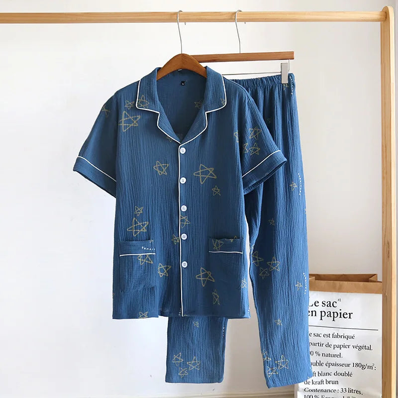 Men's Trousers Pajamas Set for Spring and Summer Thin Design Cotton Fabric Short Sleeved Long Pants Home Men Pyjama Set