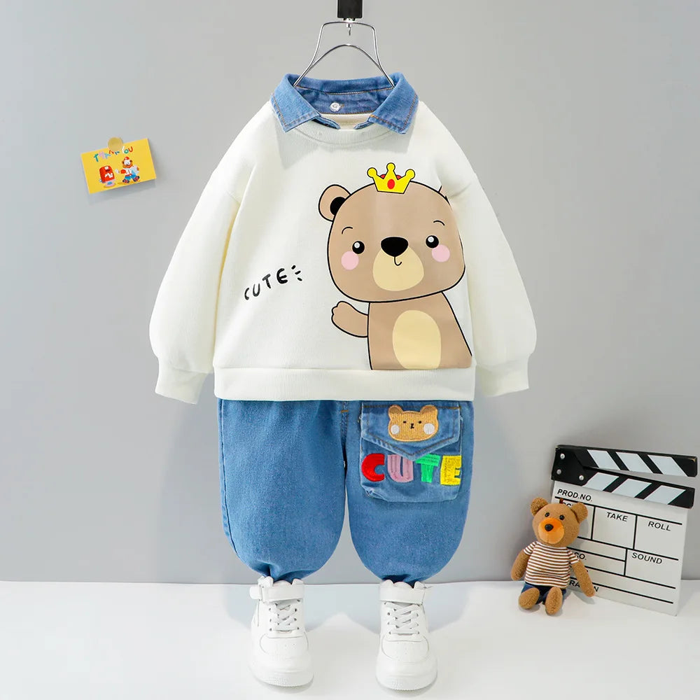Baby boy clothes 0-4 years old spring and autumn long-sleeved suit boy cartoon lapel cotton sweater + jeans baby 2-piece set