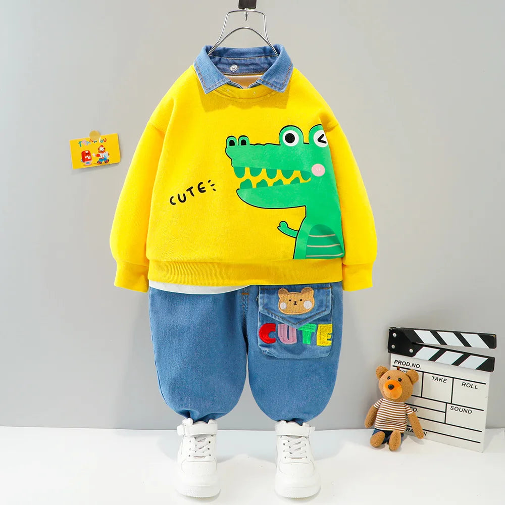 Baby boy clothes 0-4 years old spring and autumn long-sleeved suit boy cartoon lapel cotton sweater + jeans baby 2-piece set