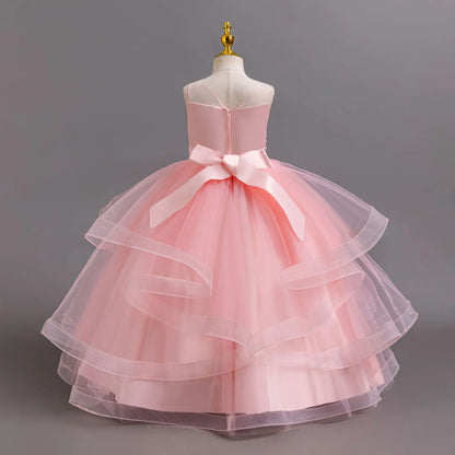 Girls Elegant Dresses Summer Flower Embroidery Princess Dress Girl Birthday Formal Party Dresses White Wedding Bridesmaid Dress
