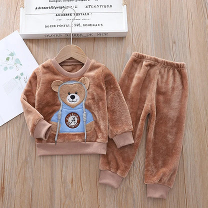 Baby Boy Clothes 2023 Autumn Cotton Thick Warm Casual Hooded Sweater Winter Cartoon Cute Bear Three-Piece Baby Girl Suit 0-5Y