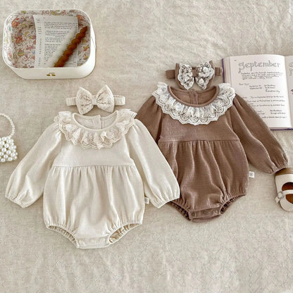 Baby Girls Clothes Toddler Autumn Winter Long Sleeve Lace Romper With Headwear For Infant Homewear Jumpsuit Baptism Overall