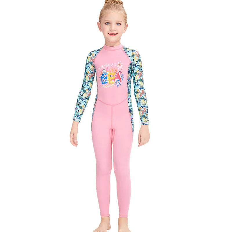 Boys Girls One-Piece Swimsuits Swimwear Long Sleeve Wetsuits Bathing Suit Beachwear Sun Protection(Including Swimming Cap)