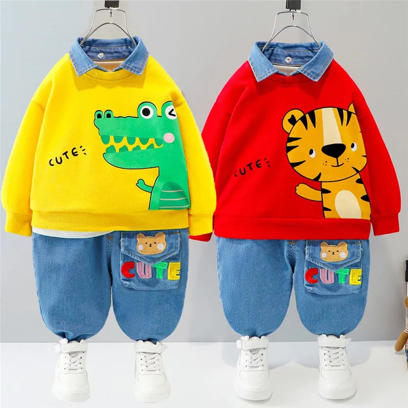 Baby boy clothes 0-4 years old spring and autumn long-sleeved suit boy cartoon lapel cotton sweater + jeans baby 2-piece set