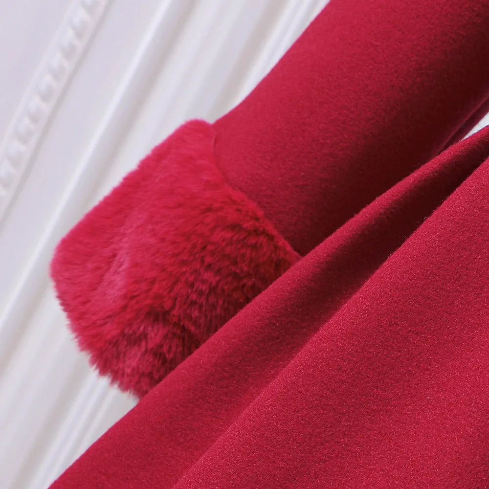 Girls' Red Winter Coat with Hat Long Sleeve Knee-Length Winter Jacket Button Youngsters Outerwear Teen Girl Overcoat For Outings