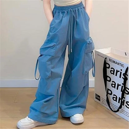 Girls Cargo Pants Spring Children Straight Wide-leg Pockets Pants Summer Teenager Fashionable Loose Trousers 5-14 Years Old