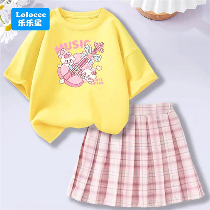 Girls' Trendy School Outfit - Cartoon Music Guitar Rabbit Print Tee + Plaid Skirt Two-Piece Set Teenage Girls Clothes Set
